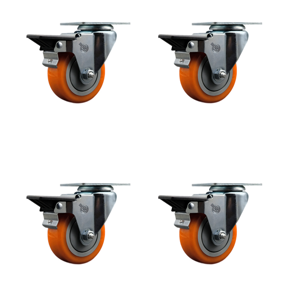Polyurethane Swivel Top Plate Caster Set of 4 with 3.5 Inch Orange Wheels - Includes 4 Swivel with Posi Lock Brakes - 1200 lbs. Total Capacity - Service Caster Brand — photo 1