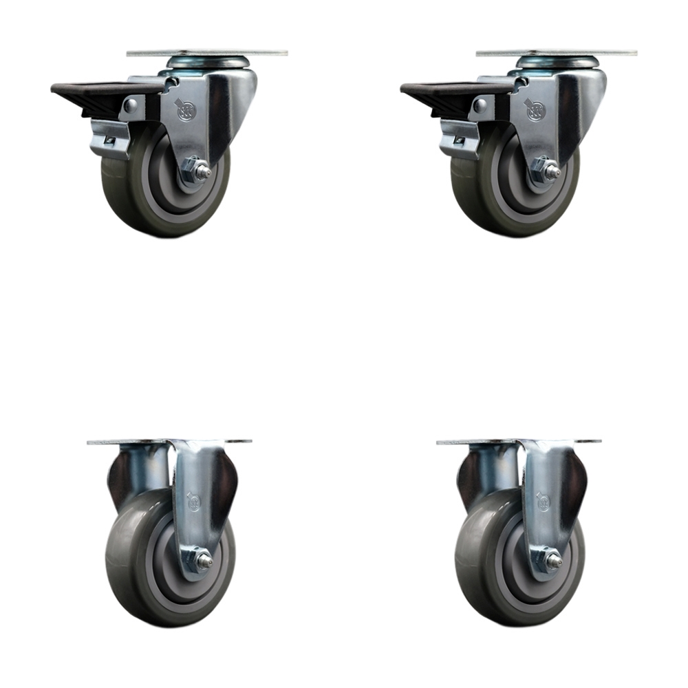 Polyurethane Swivel Top Plate Caster Set of 4 with 3.5 Inch Gray Wheels - Includes 2 Swivel with Posi Locking Brakes and 2 Rigid - 1200 lbs. Total Capacity - Service Caster Brand — photo 1