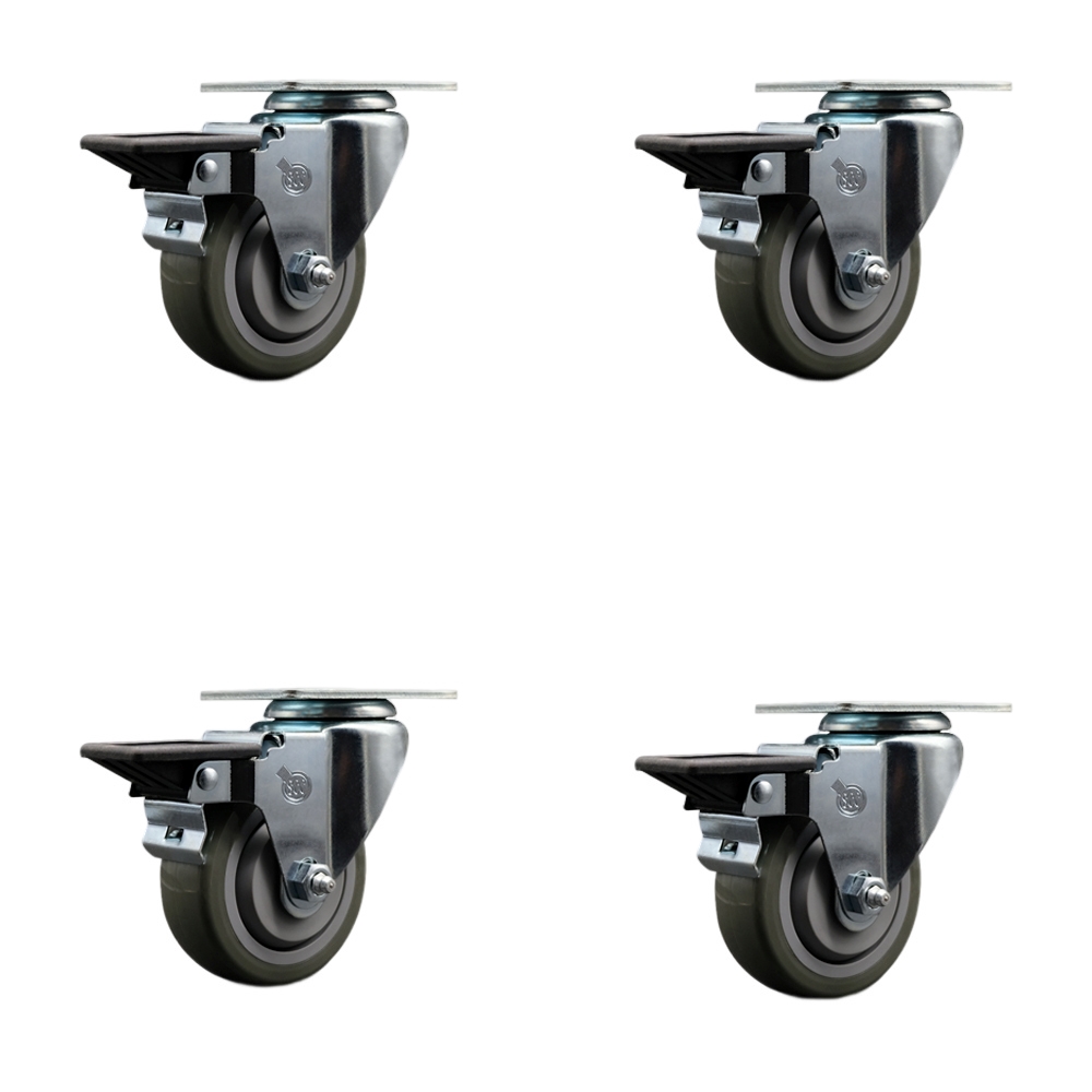 Polyurethane Swivel Top Plate Caster Set of 4 with 3.5 Inch Gray Wheels - Includes 4 Swivel with Posi Lock Brakes - 1200 lbs. Total Capacity - Service Caster Brand — photo 1