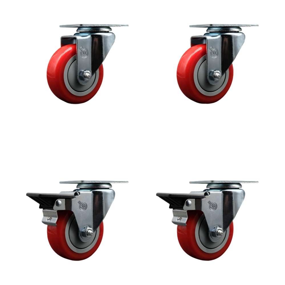 Polyurethane Swivel Top Plate Caster Set of 4 with 3.5 Inch Red Wheels - Includes 2 Swivel with Posi Locking Brakes and 2 Swivel - 1200 lbs. Total Capacity - Service Caster Brand — photo 1
