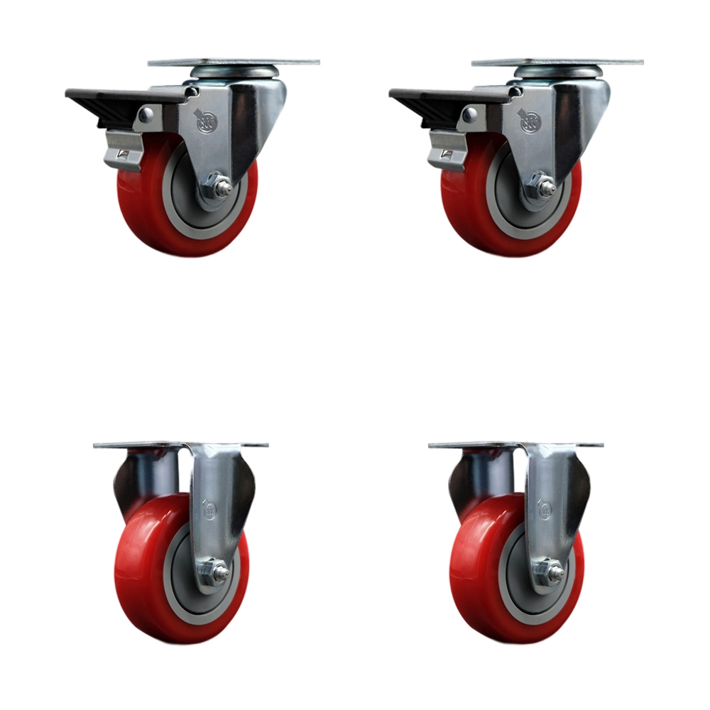 Polyurethane Swivel Top Plate Caster Set of 4 with 3.5 Inch Red Wheels - Includes 2 Swivel with Posi Locking Brakes and 2 Rigid - 1200 lbs. Total Capacity - Service Caster Brand — photo 1