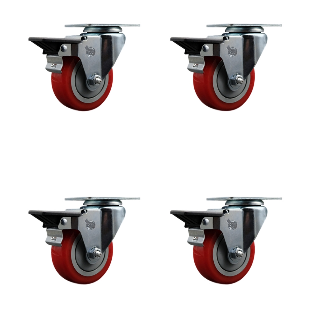 Polyurethane Swivel Top Plate Caster Set of 4 with 3.5 Inch Red Wheels - Includes 4 Swivel with Posi Lock Brakes - 1200 lbs. Total Capacity - Service Caster Brand — photo 1