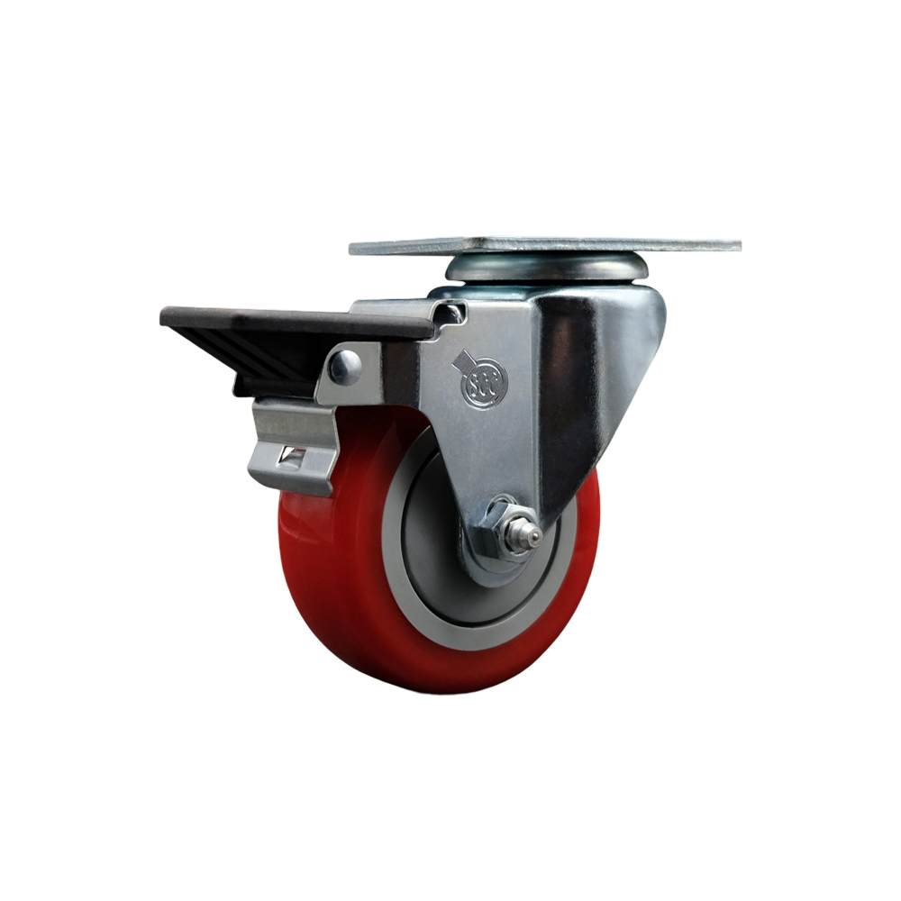 Polyurethane Swivel Top Plate Swivel Caster with 3.5 Inch Red Wheel and Posi Locking Brake - 300 lbs. Capacity Per Caster - Service Caster Brand — photo 1