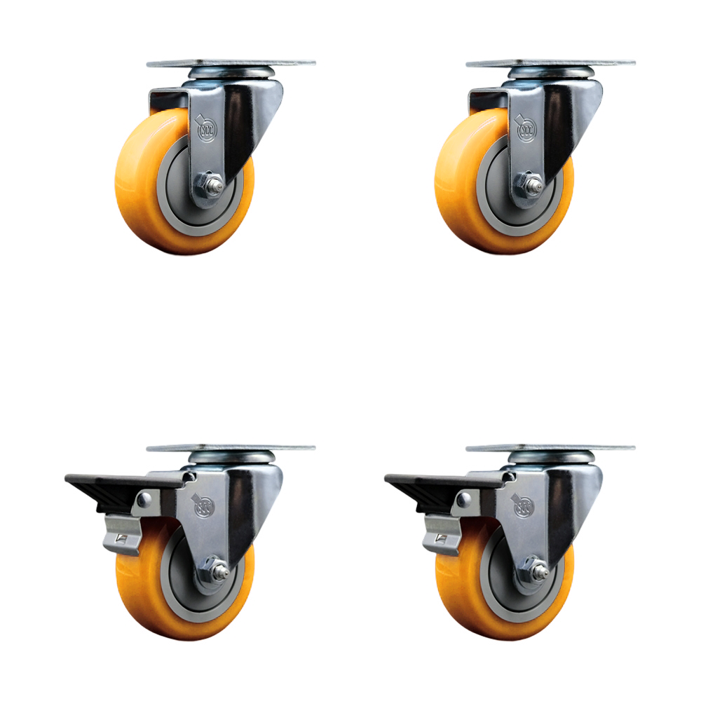 Polyurethane Swivel Top Plate Caster Set of 4 with 3.5 Inch Yellow Wheels - Includes 2 Swivel with Posi Locking Brakes and 2 Swivel - 1200 lbs. Total Capacity - Service Caster Brand — photo 1