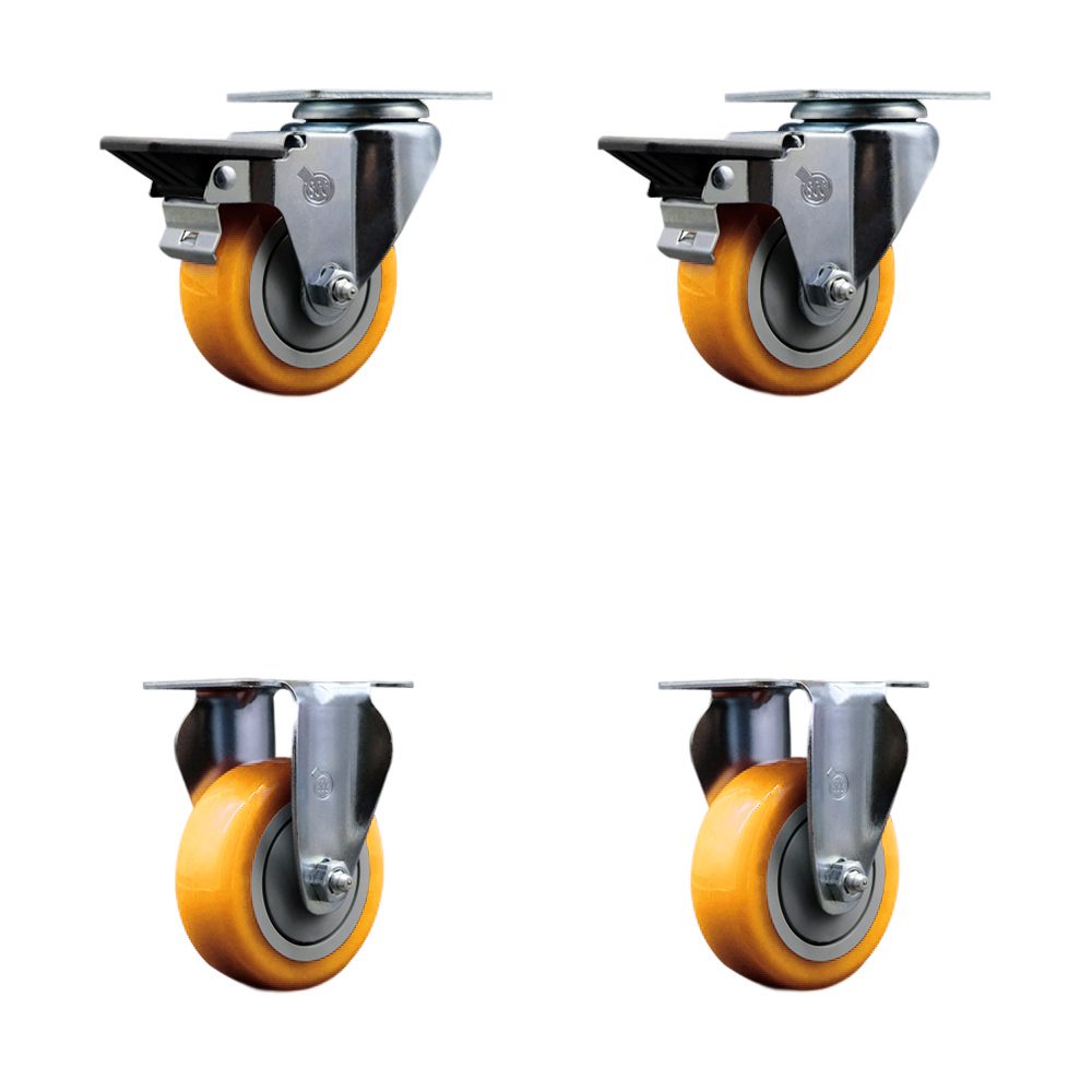 Polyurethane Swivel Top Plate Caster Set of 4 with 3.5 Inch Yellow Wheels - Includes 2 Swivel with Posi Locking Brakes and 2 Rigid - 1200 lbs. Total Capacity - Service Caster Brand — photo 1