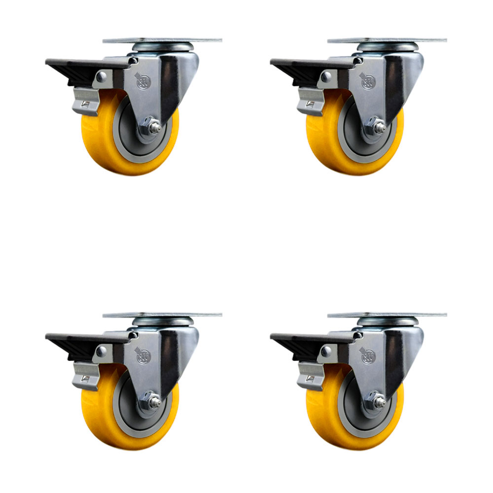 Polyurethane Swivel Top Plate Caster Set of 4 with 3.5 Inch Yellow Wheels - Includes 4 Swivel with Posi Lock Brakes - 1200 lbs. Total Capacity - Service Caster Brand — photo 1