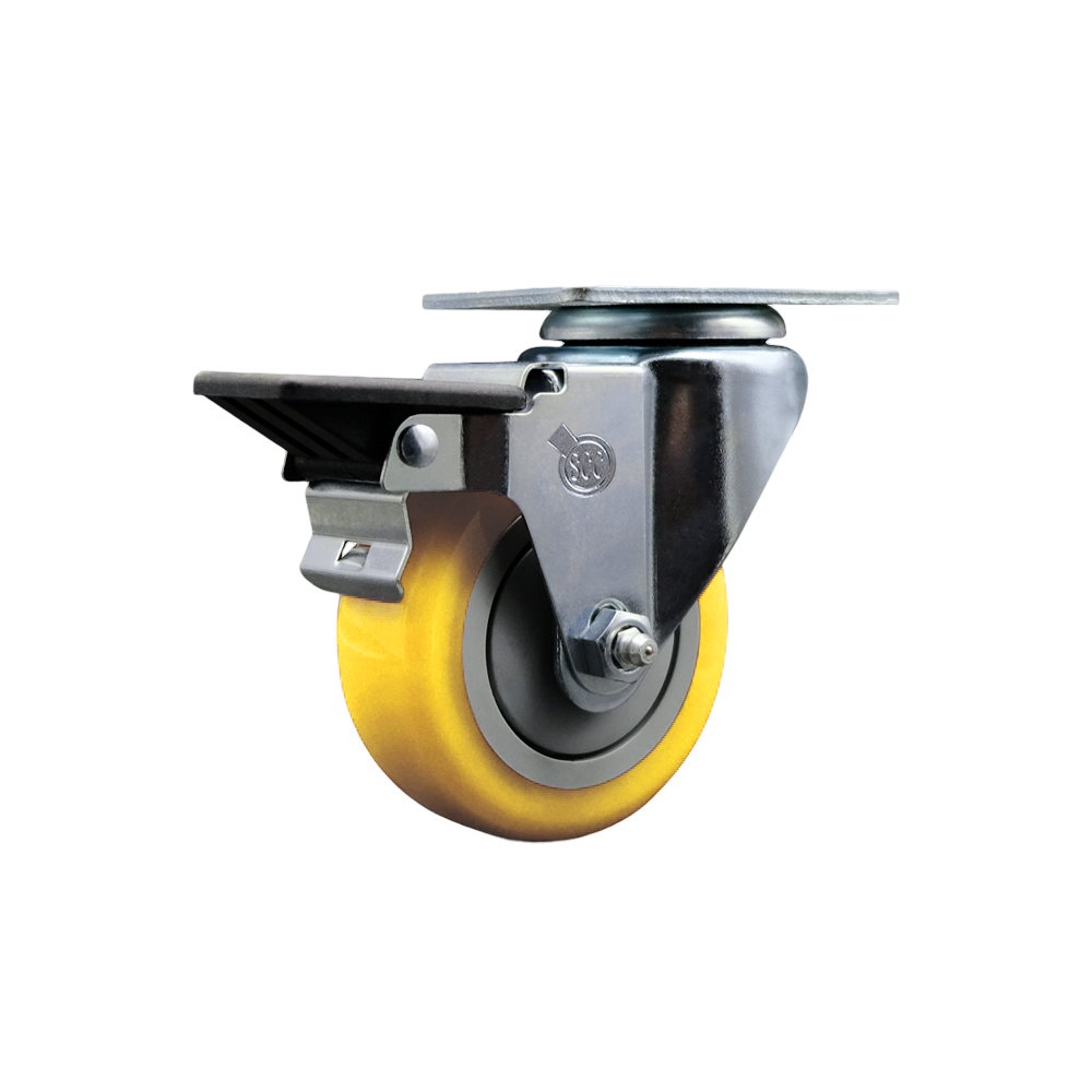 Polyurethane Swivel Top Plate Swivel Caster with 3.5 Inch Yellow Wheel and Posi Locking Brake - 300 lbs. Capacity Per Caster - Service Caster Brand — photo 1