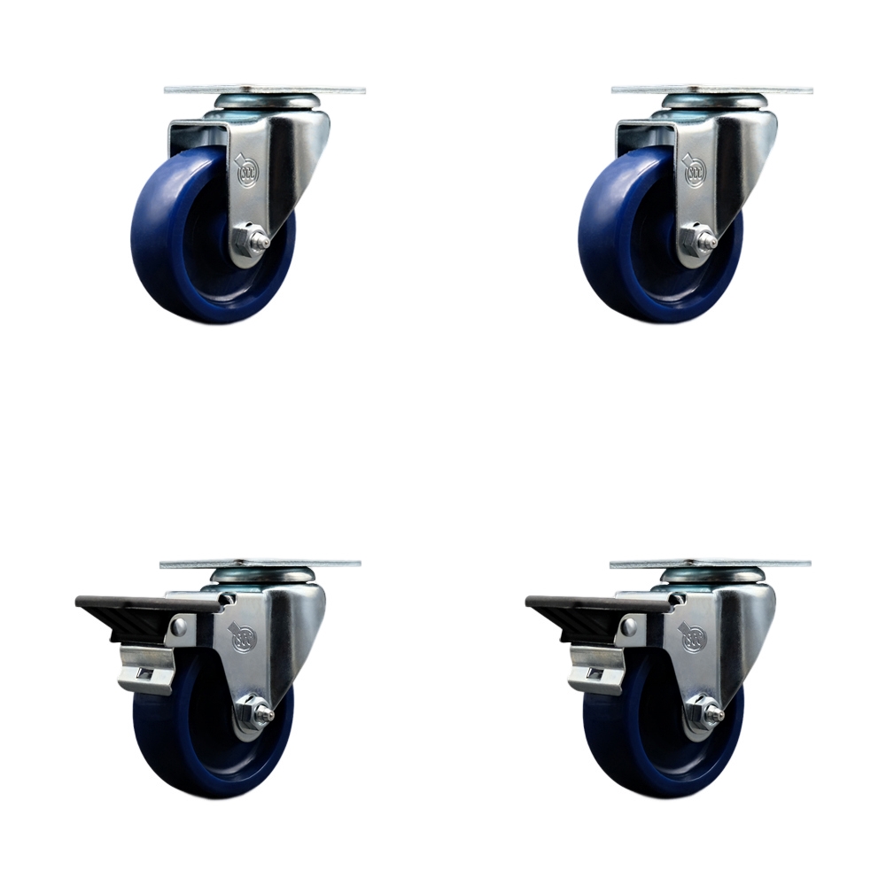 Solid Polyurethane Swivel Top Plate Caster Set of 4 with 3.5 Inch Blue Wheels - Includes 2 Swivel with Posi Locking Brakes and 2 Swivel - 1200 lbs. Total Capacity - Service Caster Brand — photo 1