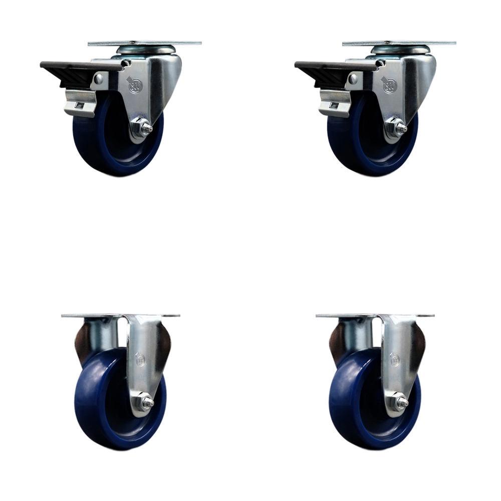 Solid Polyurethane Swivel Top Plate Caster Set of 4 with 3.5 Inch Blue Wheels - Includes 2 Swivel with Posi Locking Brakes and 2 Rigid - 1200 lbs. Total Capacity - Service Caster Brand — photo 1