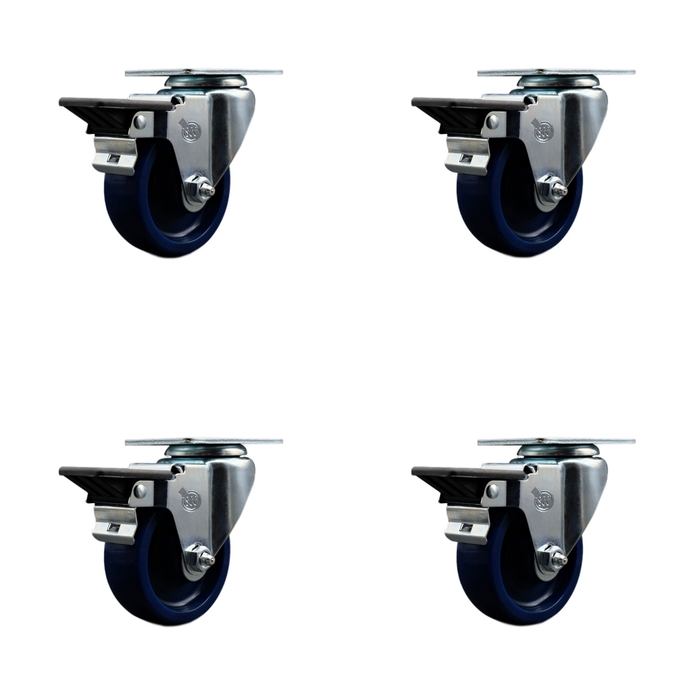 Solid Polyurethane Swivel Top Plate Caster Set of 4 with 3.5 Inch Blue Wheels - Includes 4 Swivel with Posi Lock Brakes - 1200 lbs. Total Capacity - Service Caster Brand — photo 1