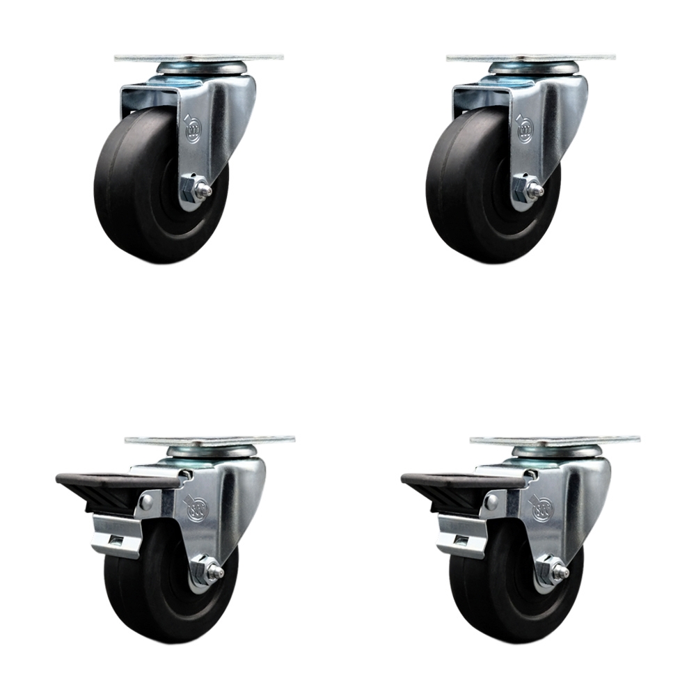 Soft Rubber Swivel Top Plate Caster Set of 4 with 3.5 Inch Black Wheels - Includes 2 Swivel with Posi Locking Brakes and 2 Swivel - 800 lbs. Total Capacity - Service Caster Brand — photo 1