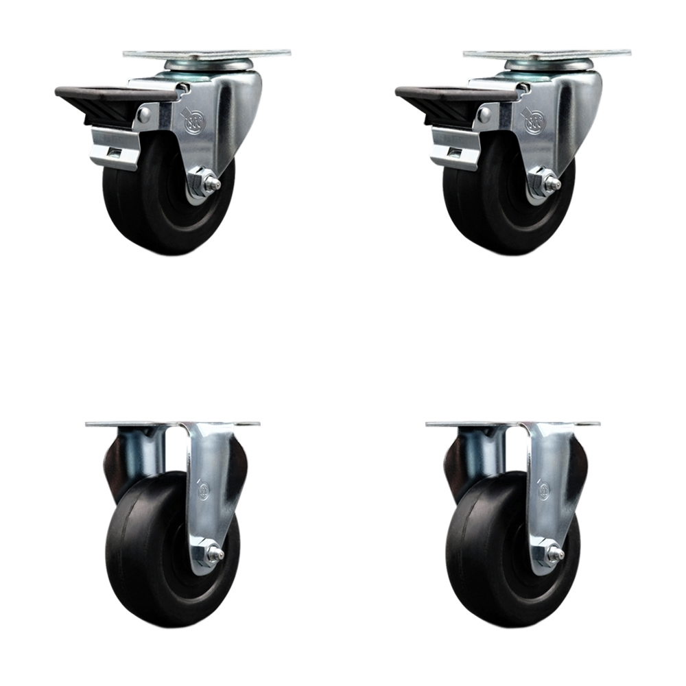 Soft Rubber Swivel Top Plate Caster Set of 4 with 3.5 Inch Black Wheels - Includes 2 Swivel with Posi Locking Brakes and 2 Rigid - 800 lbs. Total Capacity - Service Caster Brand — photo 1