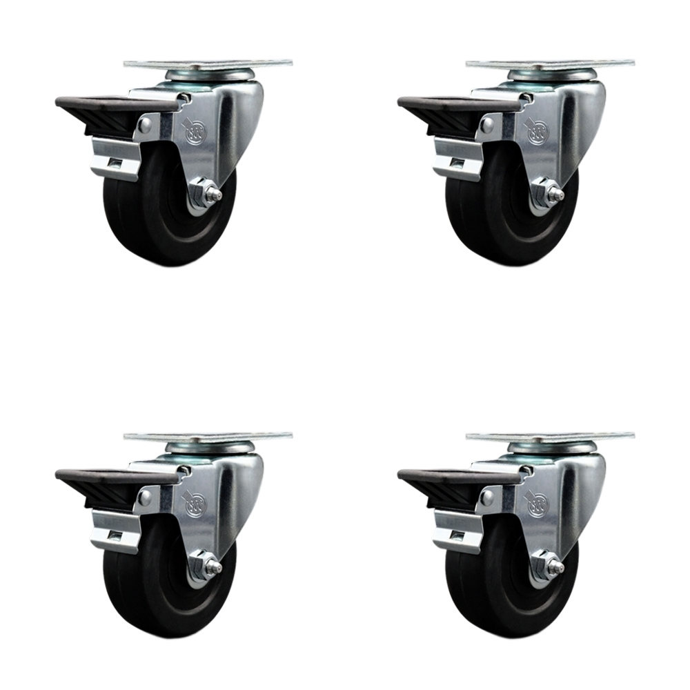 Soft Rubber Swivel Top Plate Caster Set of 4 with 3.5 Inch Black Wheels - Includes 4 Swivel with Posi Lock Brakes - 800 lbs. Total Capacity - Service Caster Brand — photo 1
