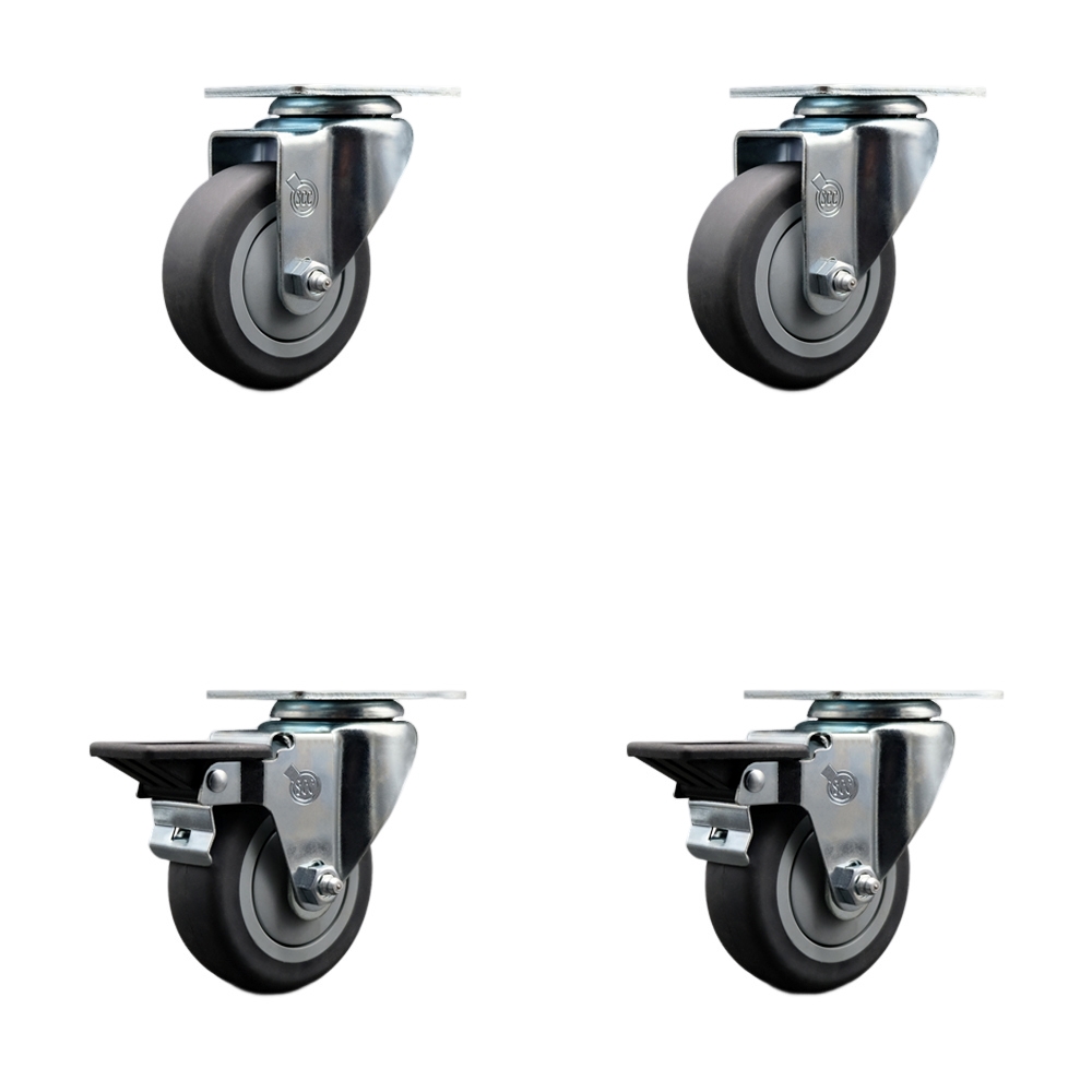 Thermoplastic Rubber Swivel Top Plate Caster Set of 4 with 3.5 Inch Gray Wheels - Includes 2 Swivel with Posi Locking Brakes and 2 Swivel - 920 lbs. Total Capacity - Service Caster Brand — photo 1