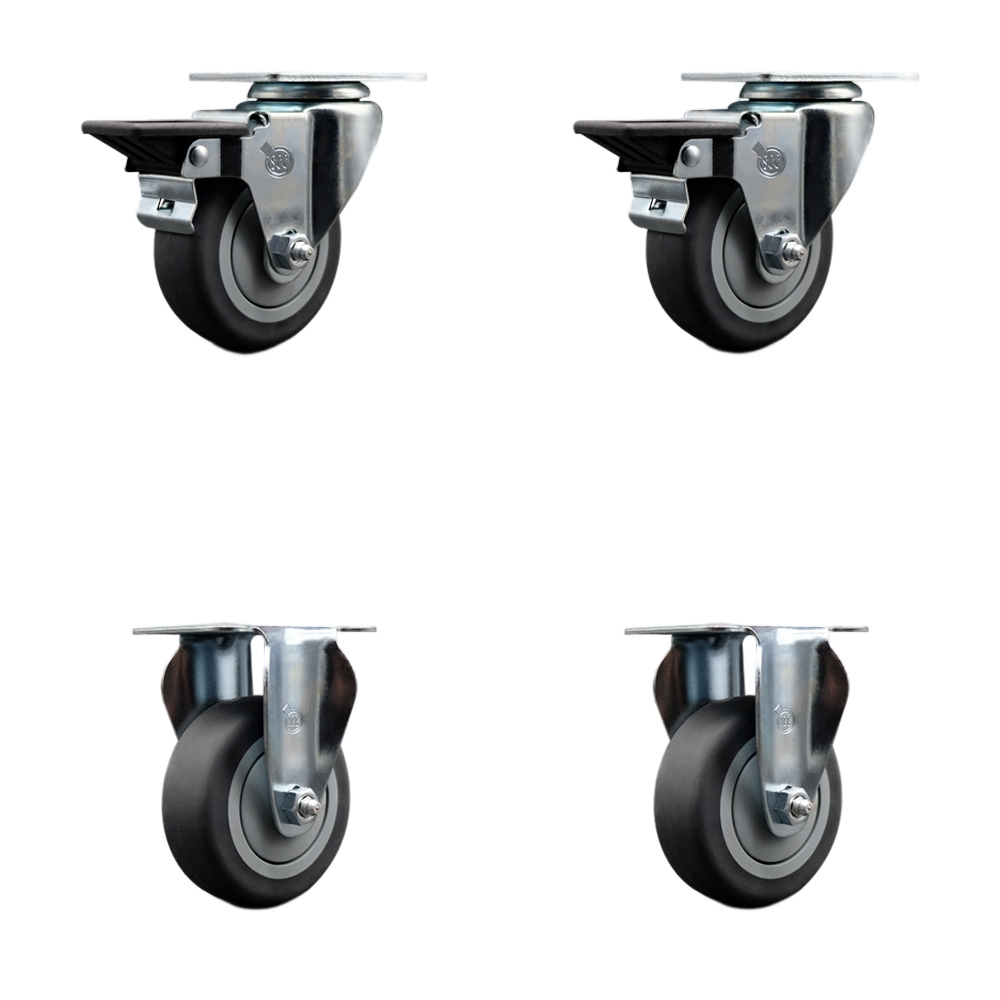 Thermoplastic Rubber Swivel Top Plate Caster Set of 4 with 3.5 Inch Gray Wheels - Includes 2 Swivel with Posi Locking Brakes and 2 Rigid - 920 lbs. Total Capacity - Service Caster Brand — photo 1