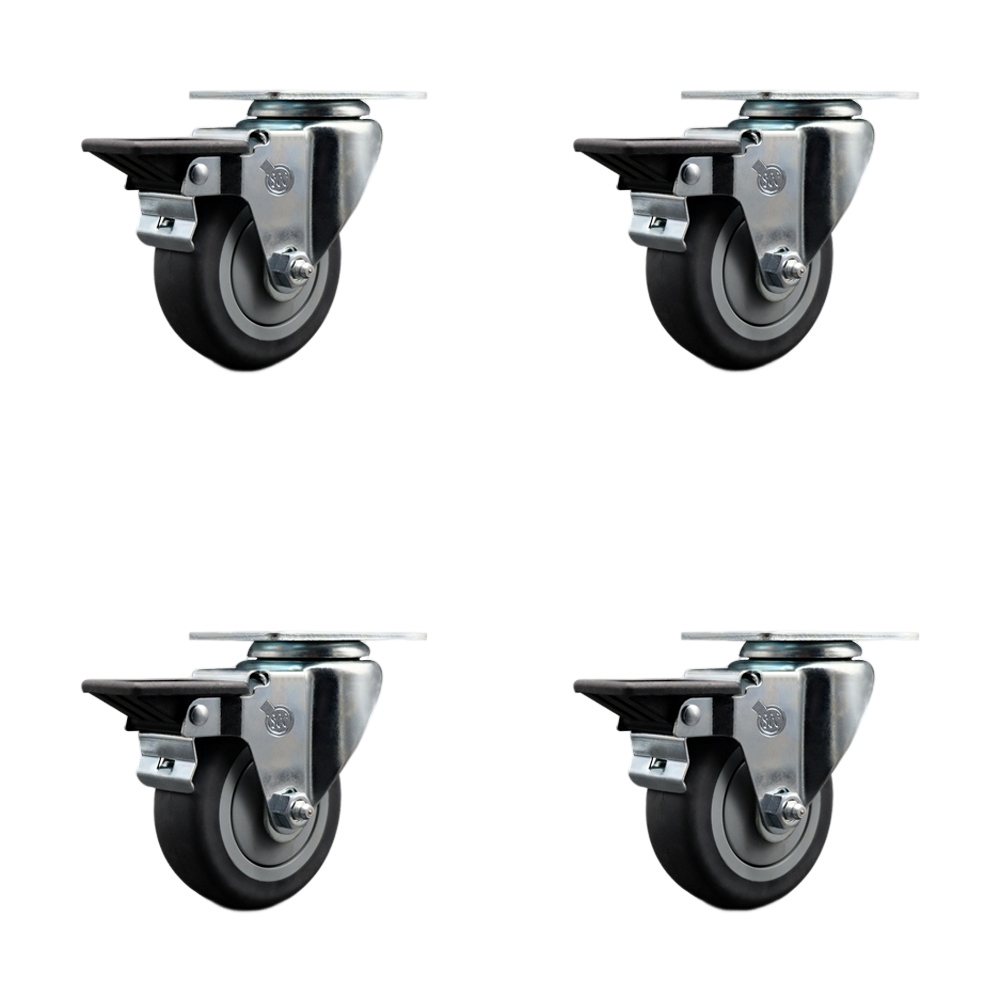 Thermoplastic Rubber Swivel Top Plate Caster Set of 4 with 3.5 Inch Gray Wheels - Includes 4 Swivel with Posi Lock Brakes - 920 lbs. Total Capacity - Service Caster Brand — photo 1