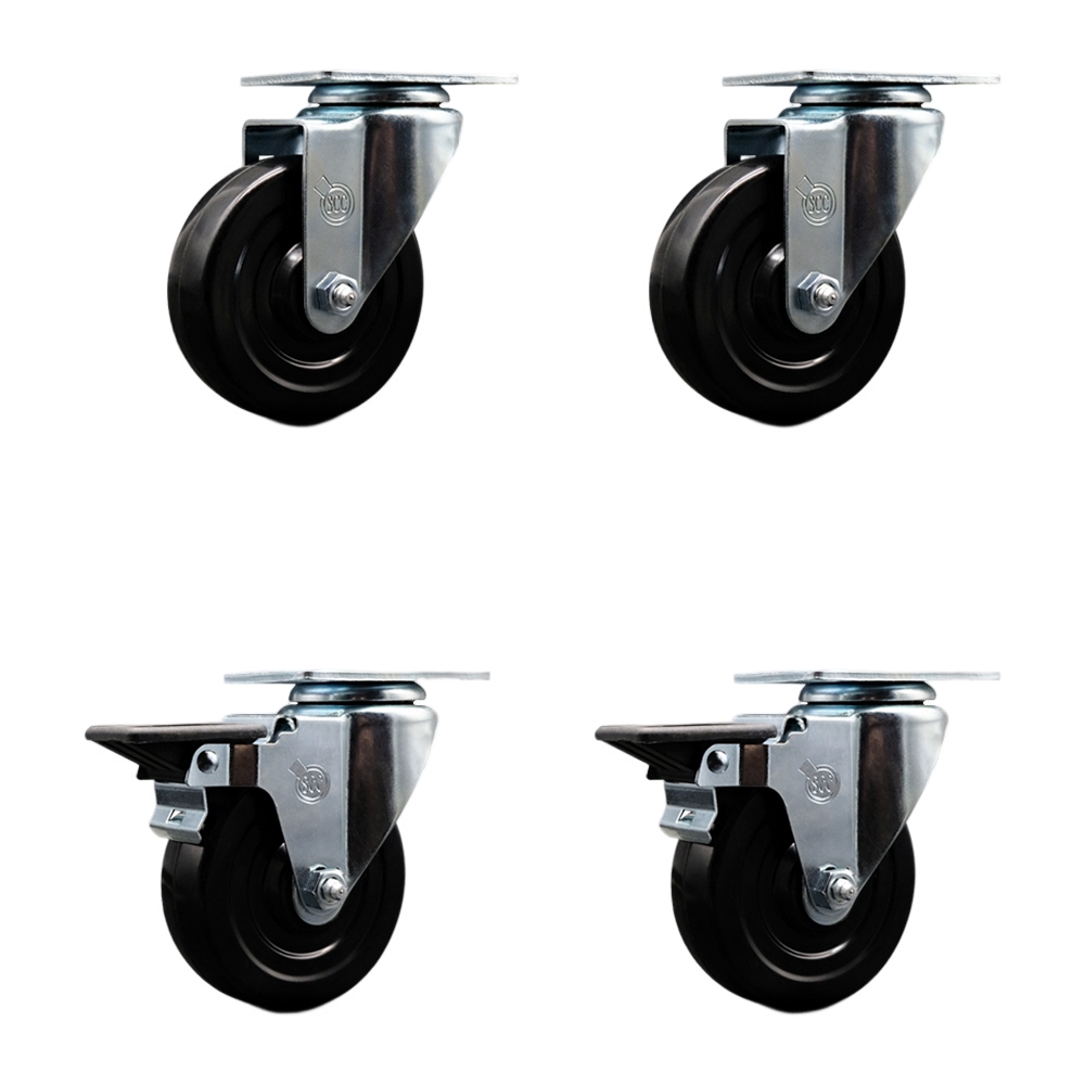 Hard Rubber Swivel Top Plate Caster Set of 4 with 4 Inch Black Wheels - Includes 2 Swivel with Posi Locking Brakes and 2 Swivel - 1200 lbs. Total Capacity - Service Caster Brand — photo 1