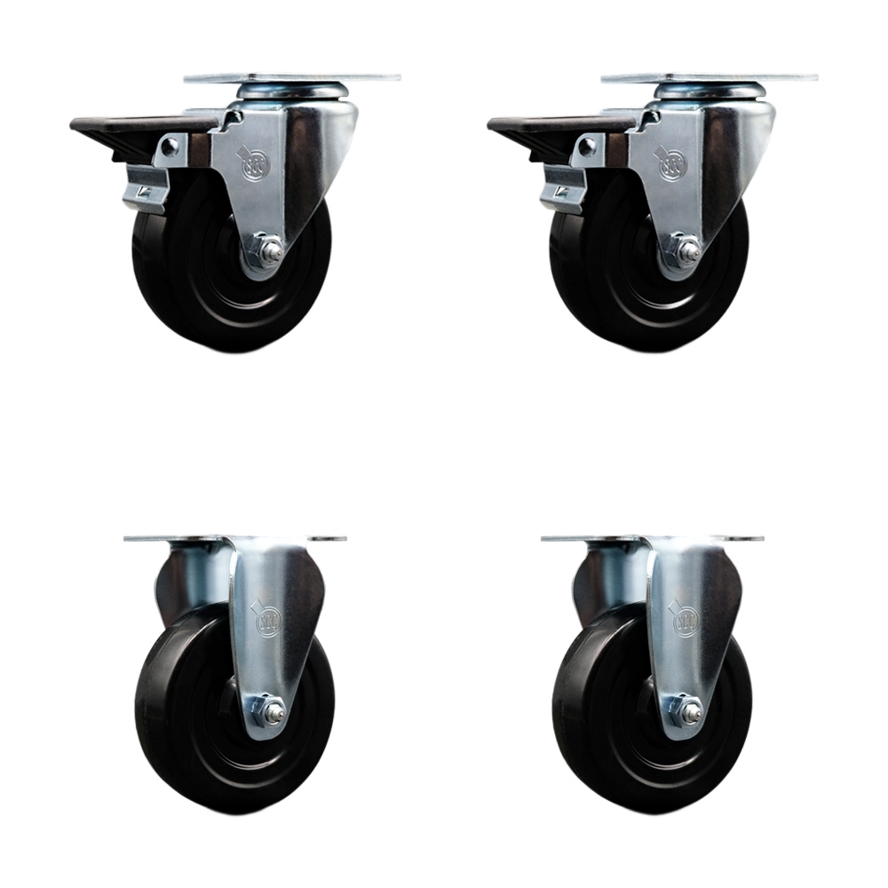 Hard Rubber Swivel Top Plate Caster Set of 4 with 4 Inch Black Wheels - Includes 2 Swivel with Posi Locking Brakes and 2 Rigid - 1200 lbs. Total Capacity - Service Caster Brand — photo 1