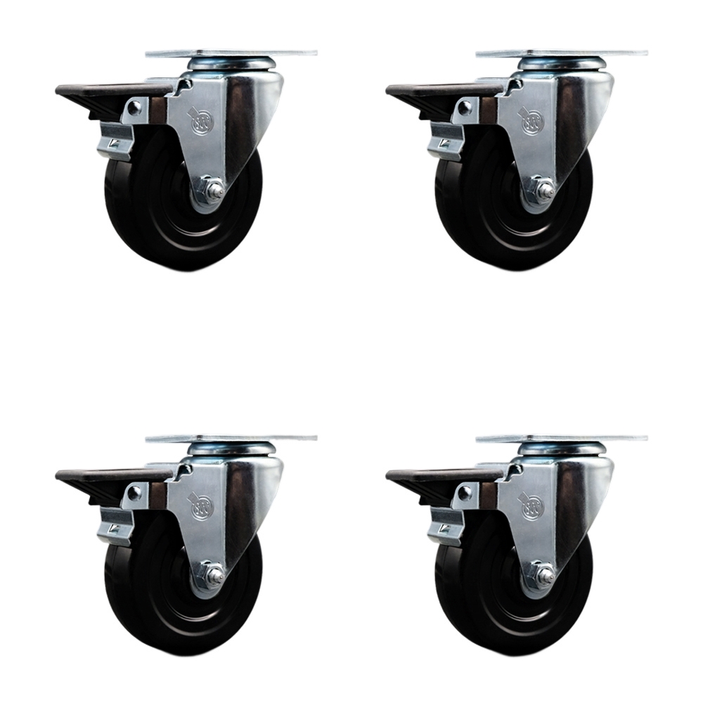 Hard Rubber Swivel Top Plate Caster Set of 4 with 4 Inch Black Wheels - Includes 4 Swivel with Posi Lock Brakes - 1200 lbs. Total Capacity - Service Caster Brand — photo 1