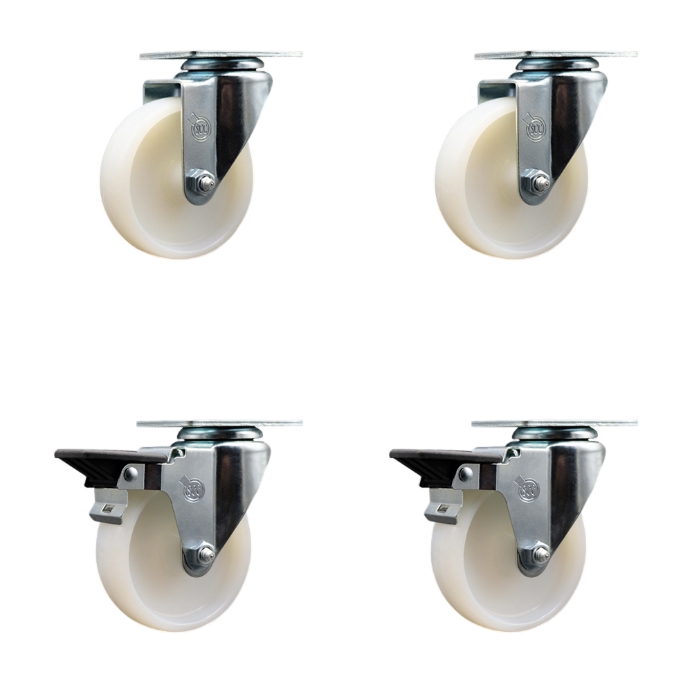 Nylon Swivel Top Plate Caster Set of 4 with 4 Inch White Wheels - Includes 2 Swivel with Posi Locking Brakes and 2 Swivel - 1200 lbs. Total Capacity - Service Caster Brand — photo 1