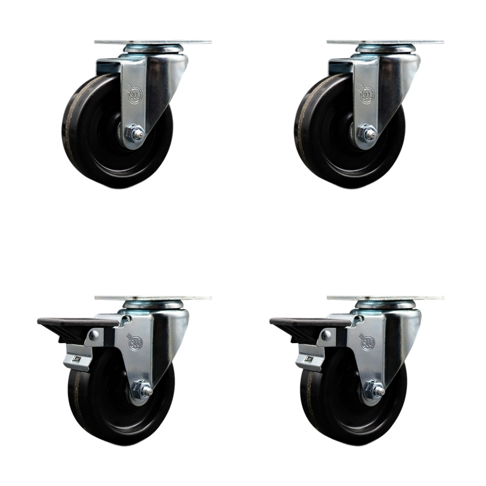 Phenolic Swivel Top Plate Caster Set of 4 with 4 Inch Black Wheels - Includes 2 Swivel with Posi Locking Brakes and 2 Swivel - 1200 lbs. Total Capacity - Service Caster Brand — photo 1