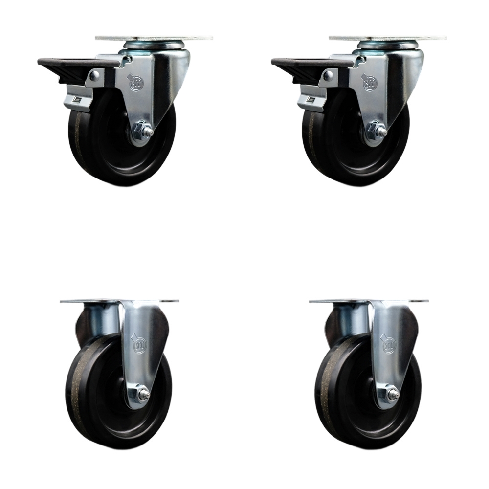 Phenolic Swivel Top Plate Caster Set of 4 with 4 Inch Black Wheels with Roller Bearings - Includes 2 Swivel with Posi Locking Brakes and 2 Rigid - 1200 lbs. Total Capacity - Service Caster Brand — photo 1