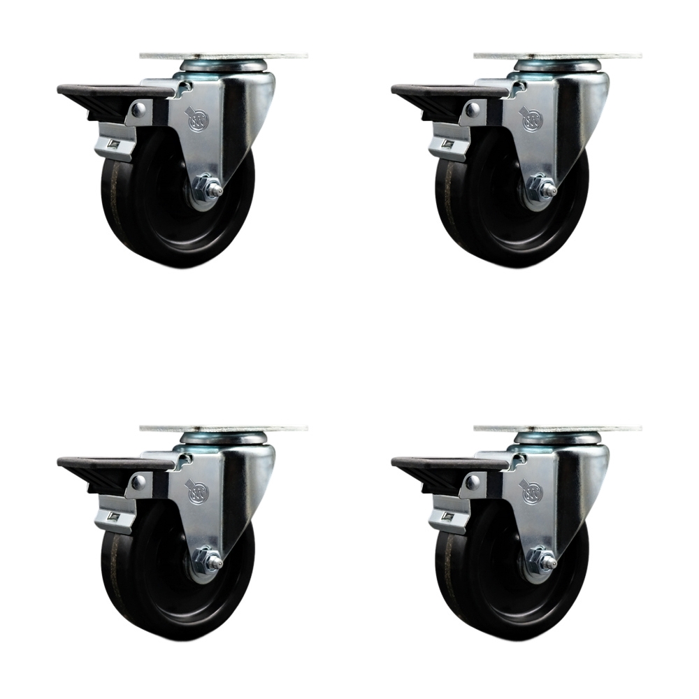 Phenolic Swivel Top Plate Caster Set of 4 with 4 Inch Black Wheels with Roller Bearings - Includes 4 Swivel with Posi Lock Brakes - 1200 lbs. Total Capacity - Service Caster Brand — photo 1