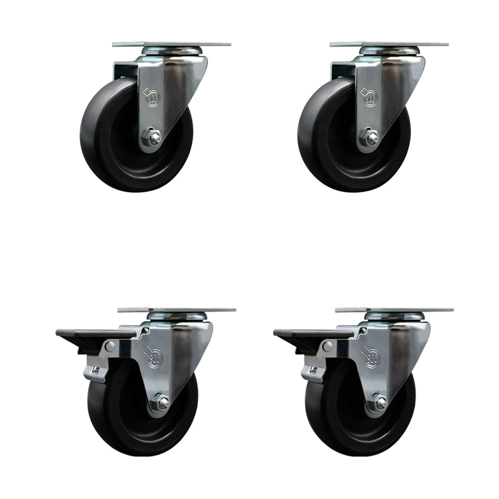Polyolefin Swivel Top Plate Caster Wheels Set of 4 with 4 Inch Black Wheels - Includes 2 Swivel with Posi Lock Brakes and 2 Swivel - 1400 lbs. Total Capacity - Service Caster Brand — photo 1