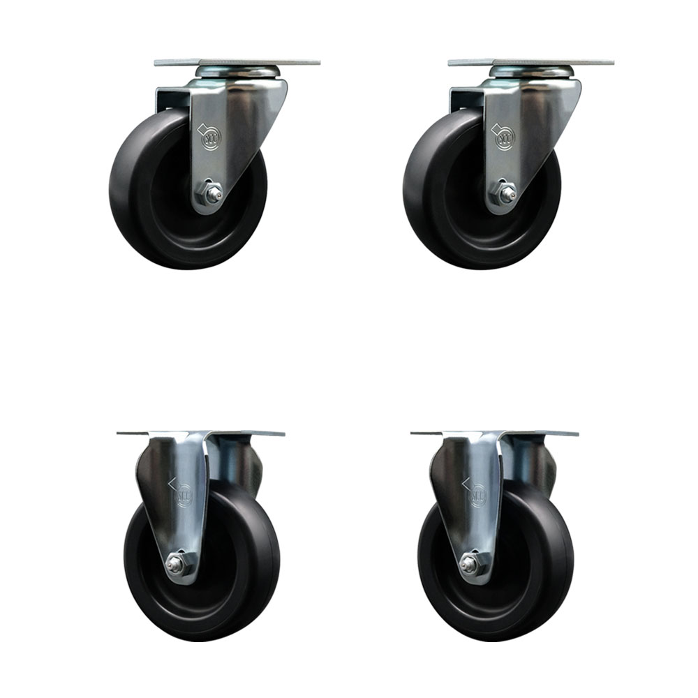 Polyolefin Swivel Top Plate Caster Wheels Set of 4 with 4 Inch Black Wheels - Includes 2 Swivel and 2 Rigid - 1400 lbs. Total Capacity - Service Caster Brand — photo 1