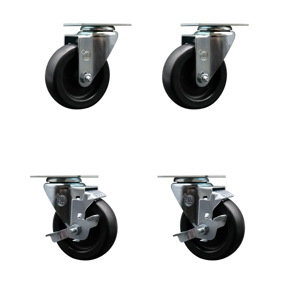 Polyolefin Swivel Top Plate Caster Wheels Set of 4 with 4 Inch Black Wheels - Includes 2 Swivel with Top Lock Brakes and 2 Swivel - 1400 lbs. Total Capacity - Service Caster Brand — photo 1