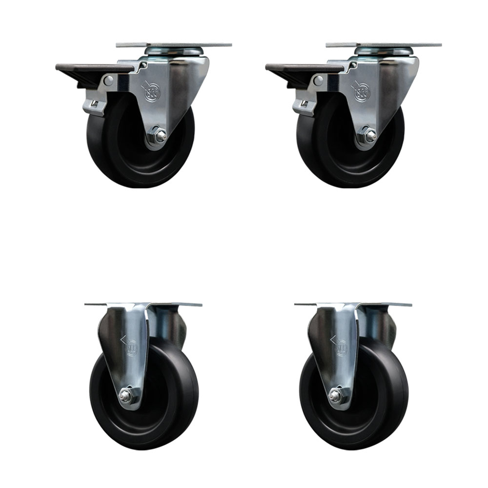 Polyolefin Swivel Top Plate Caster Wheels Set of 4 with 4 Inch Black Wheels - Includes 2 Swivel with Posi Lock Brakes and 2 Rigid - 1400 lbs. Total Capacity - Service Caster Brand — photo 1