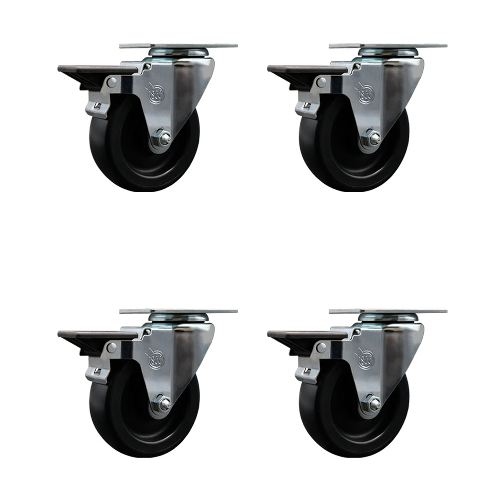Polyolefin Swivel Top Plate Caster Wheels Set of 4 with 4 Inch Black Wheels - Includes 4 Swivel with Posi Lock Brakes - 1400 lbs. Total Capacity - Service Caster Brand — photo 1