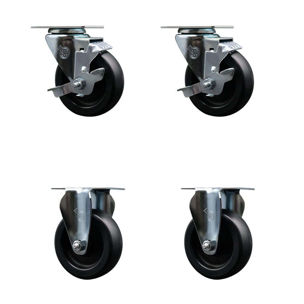 Polyolefin Swivel Top Plate Caster Wheels Set of 4 with 4 Inch Black Wheels - Includes 2 Swivel with Top Lock Brakes and 2 Rigid - 1400 lbs. Total Capacity - Service Caster Brand — photo 1