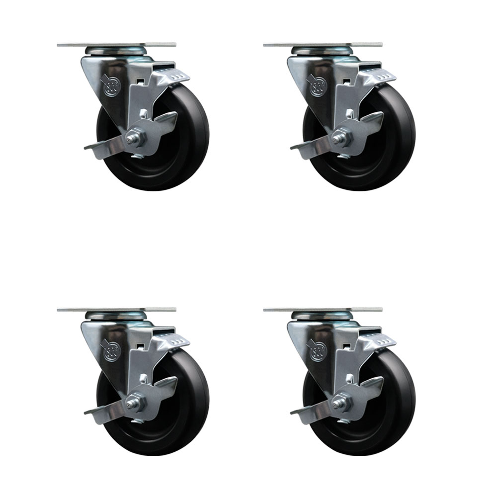 Polyolefin Swivel Top Plate Caster Wheels Set of 4 with 4 Inch Black Wheels - Includes 4 Swivel with Top Lock Brakes - 1400 lbs. Total Capacity - Service Caster Brand — photo 1