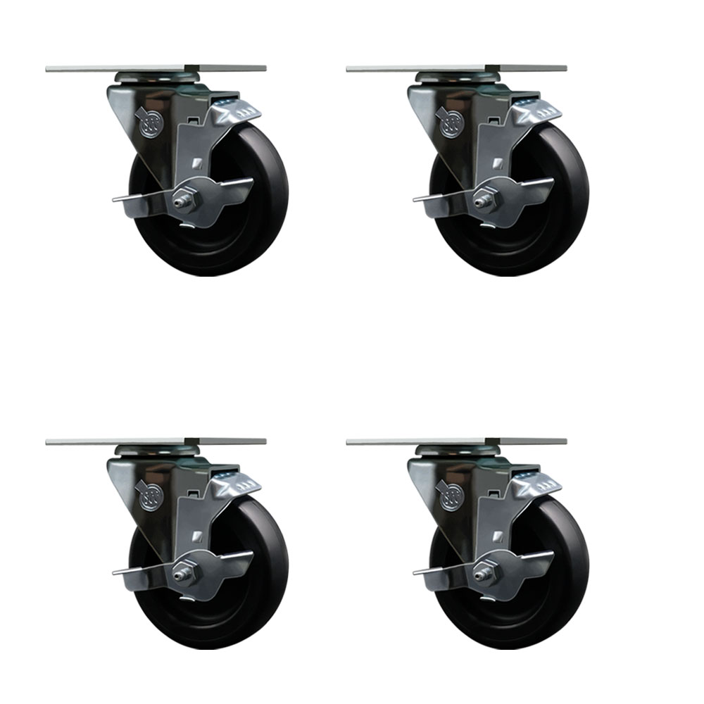 Swivel Caster Wheels Set of 4 with Brakes and 4 Inch Polyolefin Wheel – 350 lbs. Capacity Per Caster – 4 Inch x 4-1/2 Inch Overall Top Plate – Service Caster Brand — photo 1