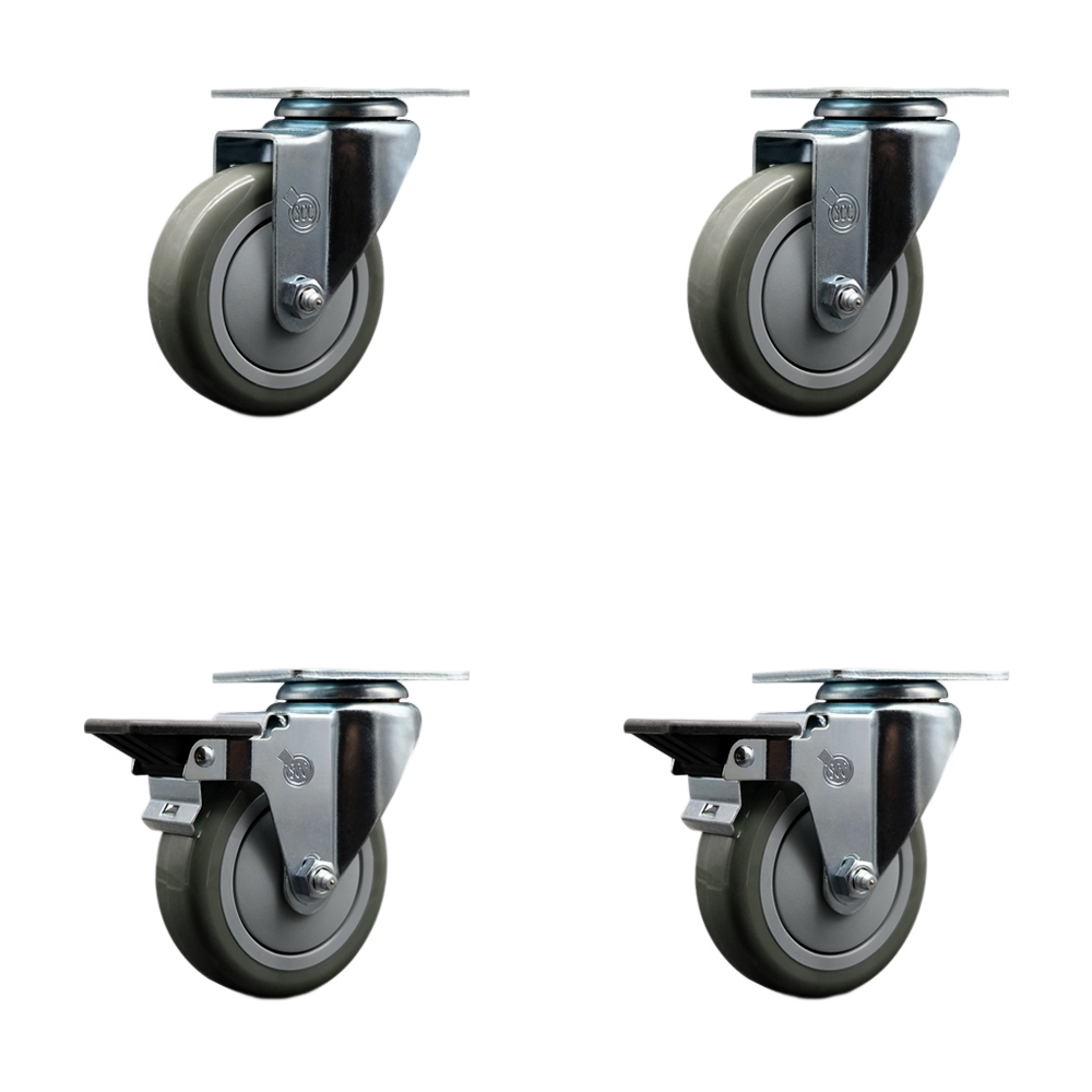 Polyurethane Swivel Top Plate Caster Set of 4 with 4 Inch Gray Wheels - Includes 2 Swivel with Posi Locking Brakes and 2 Swivel - 1400 lbs. Total Capacity - Service Caster Brand — photo 1