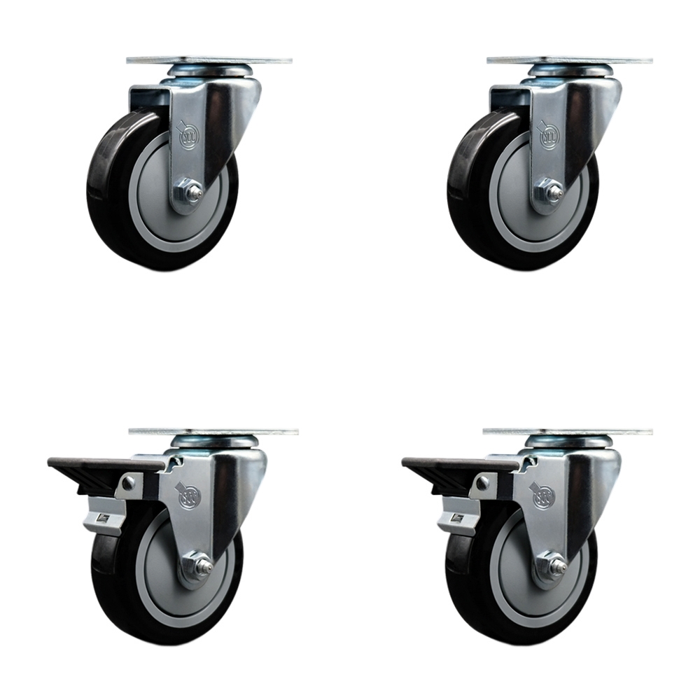 Polyurethane Swivel Top Plate Caster Set of 4 with 4 Inch Black Wheels - Includes 2 Swivel with Posi Locking Brakes and 2 Swivel - 1400 lbs. Total Capacity - Service Caster Brand — photo 1