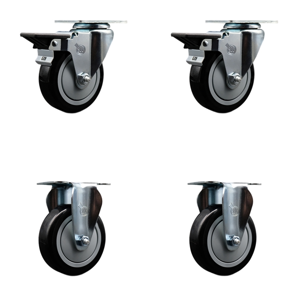 Polyurethane Swivel Top Plate Caster Set of 4 with 4 Inch Black Wheels - Includes 2 Swivel with Posi Locking Brakes and 2 Rigid - 1400 lbs. Total Capacity - Service Caster Brand — photo 1