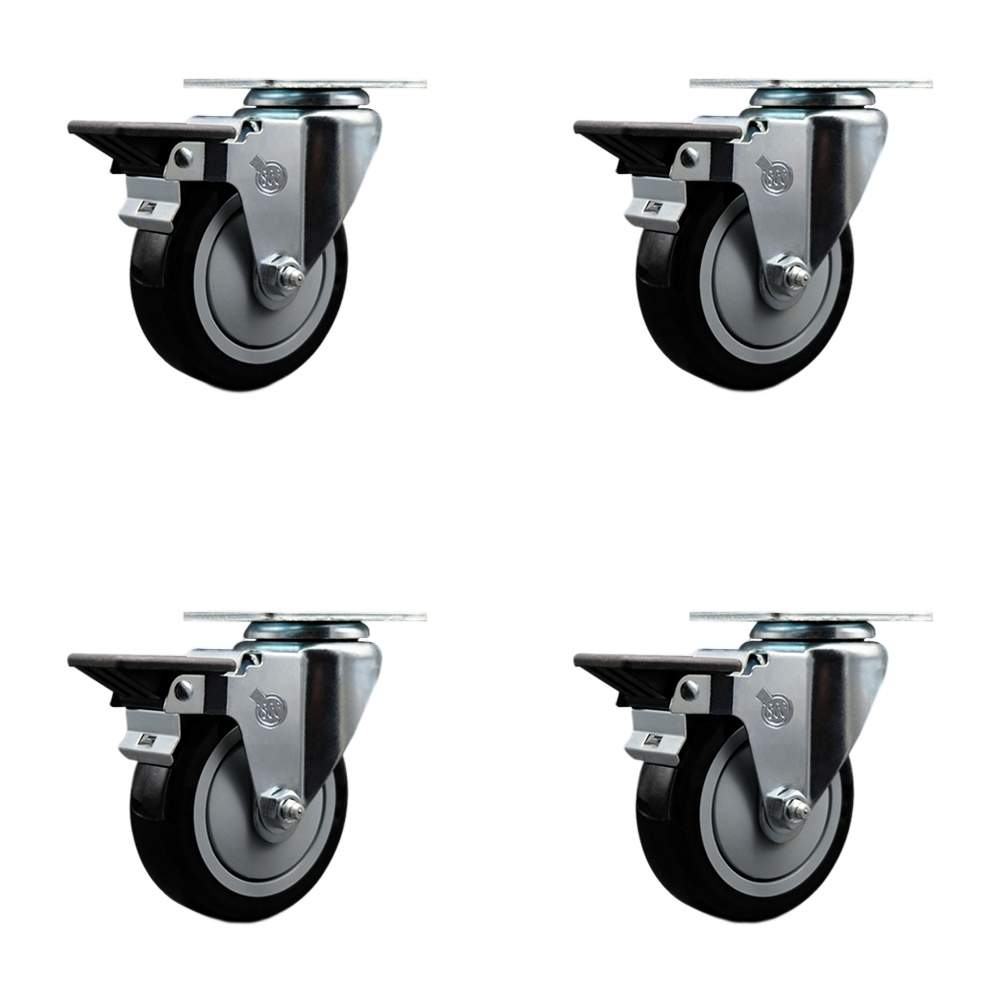 Polyurethane Swivel Top Plate Caster Set of 4 with 4 Inch Black Wheels - Includes 4 Swivel with Posi Lock Brakes - 1400 lbs. Total Capacity - Service Caster Brand — photo 1