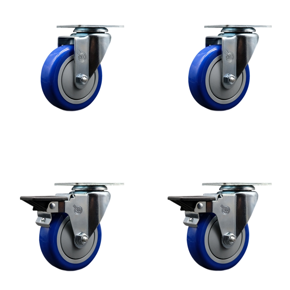 Polyurethane Swivel Top Plate Caster Set of 4 with 4 Inch Blue Wheels - Includes 2 Swivel with Posi Locking Brakes and 2 Swivel - 1400 lbs. Total Capacity - Service Caster Brand — photo 1