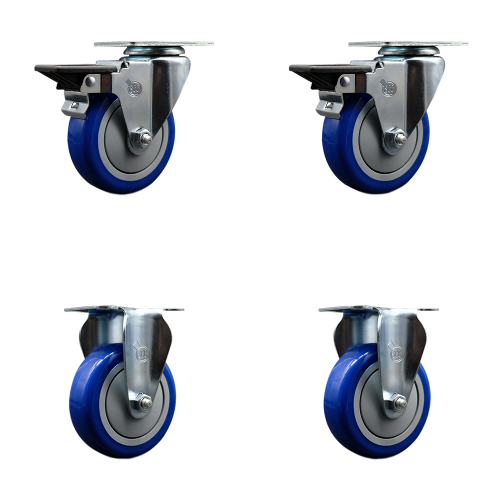 Polyurethane Swivel Top Plate Caster Set of 4 with 4 Inch Blue Wheels - Includes 2 Swivel with Posi Locking Brakes and 2 Rigid - 1400 lbs. Total Capacity - Service Caster Brand — photo 1
