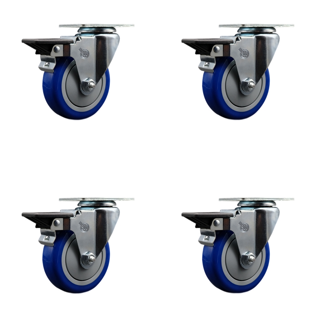 Polyurethane Swivel Top Plate Caster Set of 4 with 4 Inch Blue Wheels - Includes 4 Swivel with Posi Lock Brakes - 1400 lbs. Total Capacity - Service Caster Brand — photo 1