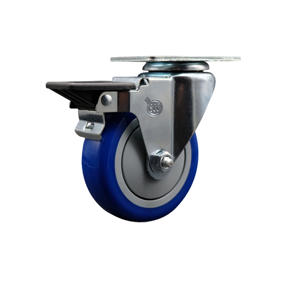 Polyurethane Swivel Top Plate Swivel Caster with 4 Inch Blue Wheel and Posi Locking Brake - 350 lbs. Capacity Per Caster - Service Caster Brand — photo 1