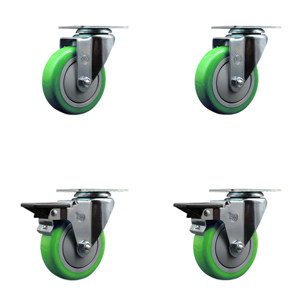 Polyurethane Swivel Top Plate Caster Set of 4 with 4 Inch Green Wheels - Includes 2 Swivel with Posi Locking Brakes and 2 Swivel - 1400 lbs. Total Capacity - Service Caster Brand — photo 1