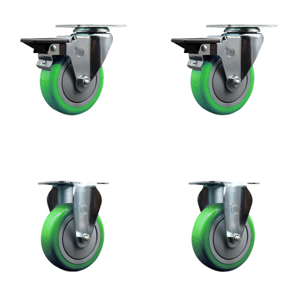 Polyurethane Swivel Top Plate Caster Set of 4 with 4 Inch Green Wheels - Includes 2 Swivel with Posi Locking Brakes and 2 Rigid - 1400 lbs. Total Capacity - Service Caster Brand — photo 1