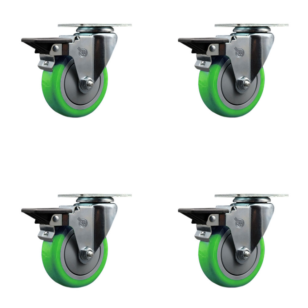 Polyurethane Swivel Top Plate Caster Set of 4 with 4 Inch Green Wheels - Includes 4 Swivel with Posi Lock Brakes - 1400 lbs. Total Capacity - Service Caster Brand — photo 1