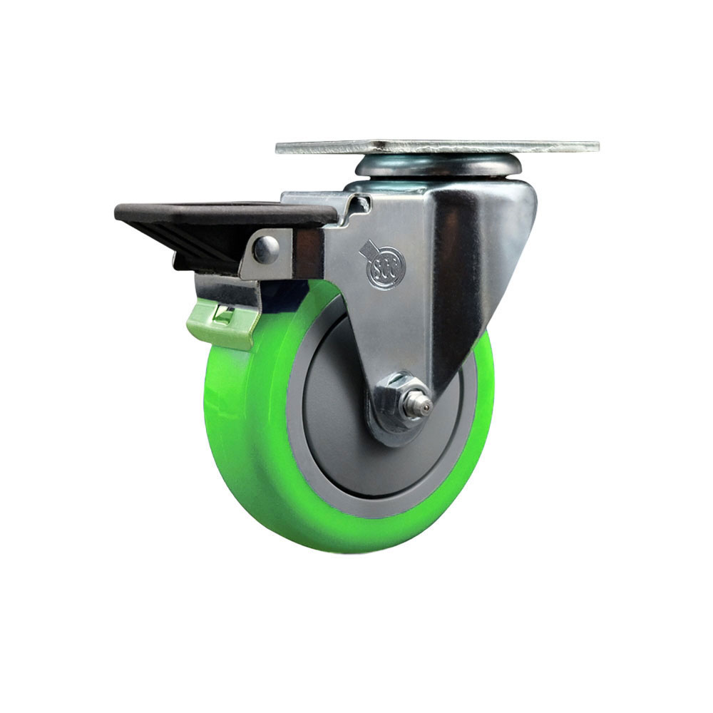 Polyurethane Swivel Top Plate Swivel Caster with 4 Inch Green Wheel and Posi Locking Brake - 350 lbs. Capacity Per Caster - Service Caster Brand — photo 1