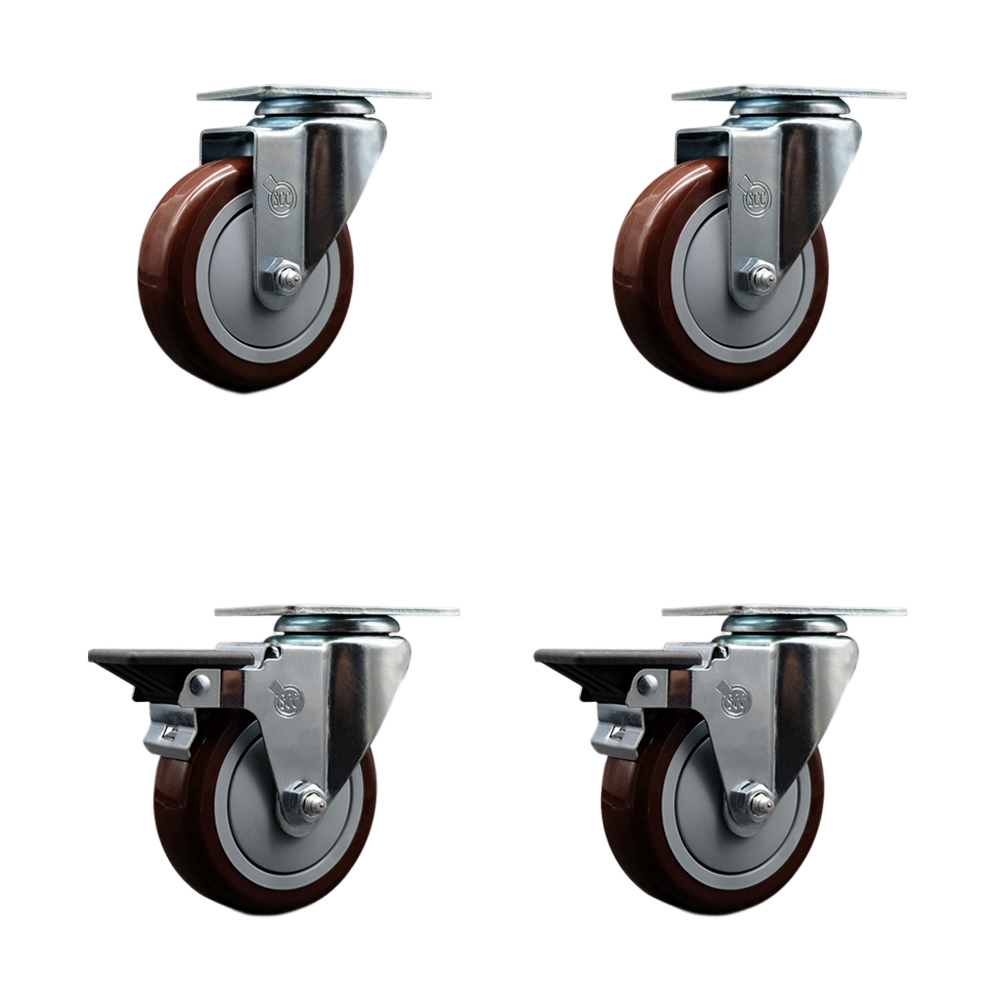 Polyurethane Swivel Top Plate Caster Set of 4 with 4 Inch Maroon Wheels - Includes 2 Swivel with Posi Locking Brakes and 2 Swivel - 1400 lbs. Total Capacity - Service Caster Brand — photo 1