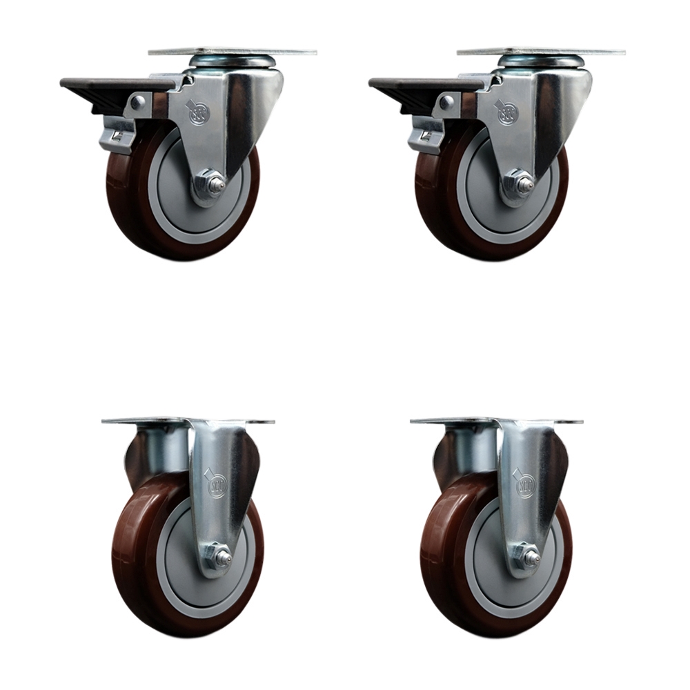 Polyurethane Swivel Top Plate Caster Set of 4 with 4 Inch Maroon Wheels - Includes 2 Swivel with Posi Locking Brakes and 2 Rigid - 1400 lbs. Total Capacity - Service Caster Brand — photo 1