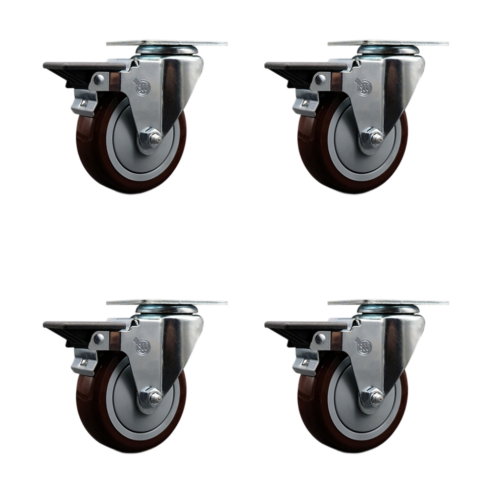 Polyurethane Swivel Top Plate Caster Set of 4 with 4 Inch Maroon Wheels - Includes 4 Swivel with Posi Lock Brakes - 1400 lbs. Total Capacity - Service Caster Brand — photo 1